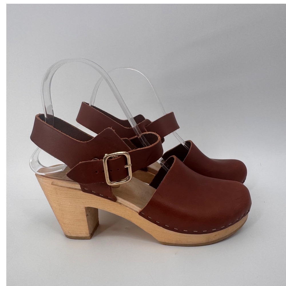 Bryr Clogs Sandal Women 8 Brown Leather Ankle Strap Wood Heel